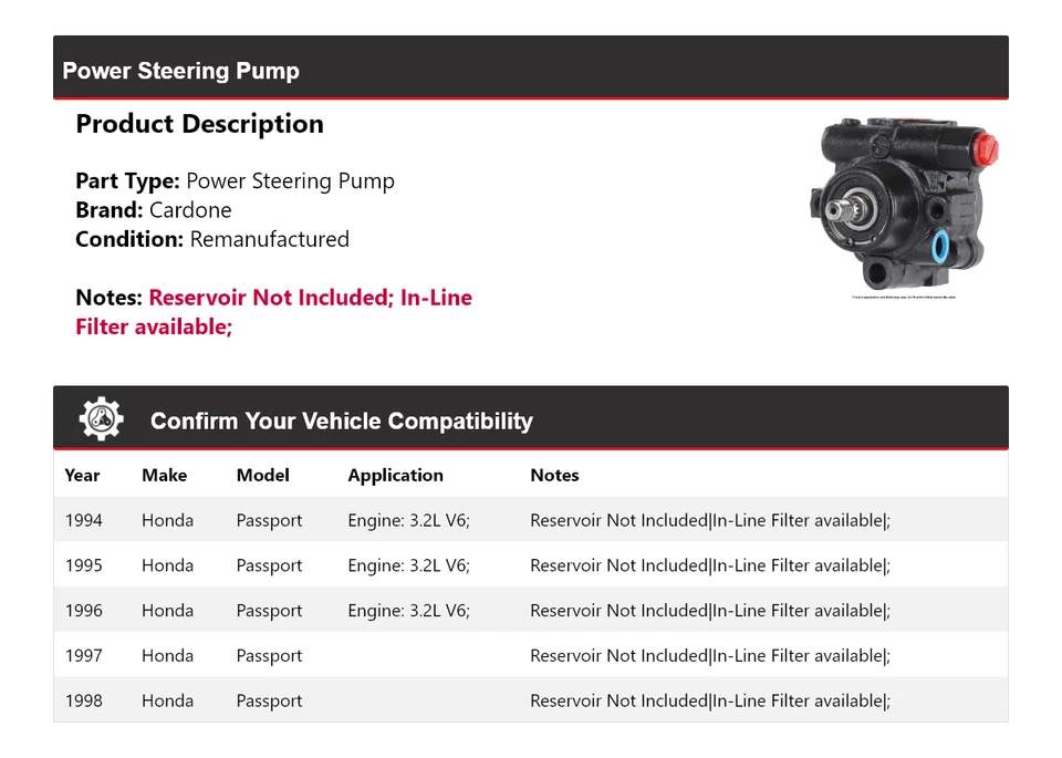 Bomba de dirección asistida Cardone 1995 1996 1997 para Honda Passport 1994-1998 Foto 2 de 4