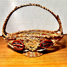 Pine Needle Vintage Unique Hand Woven Basket W/ Walnuts  Heart Design 6 In.