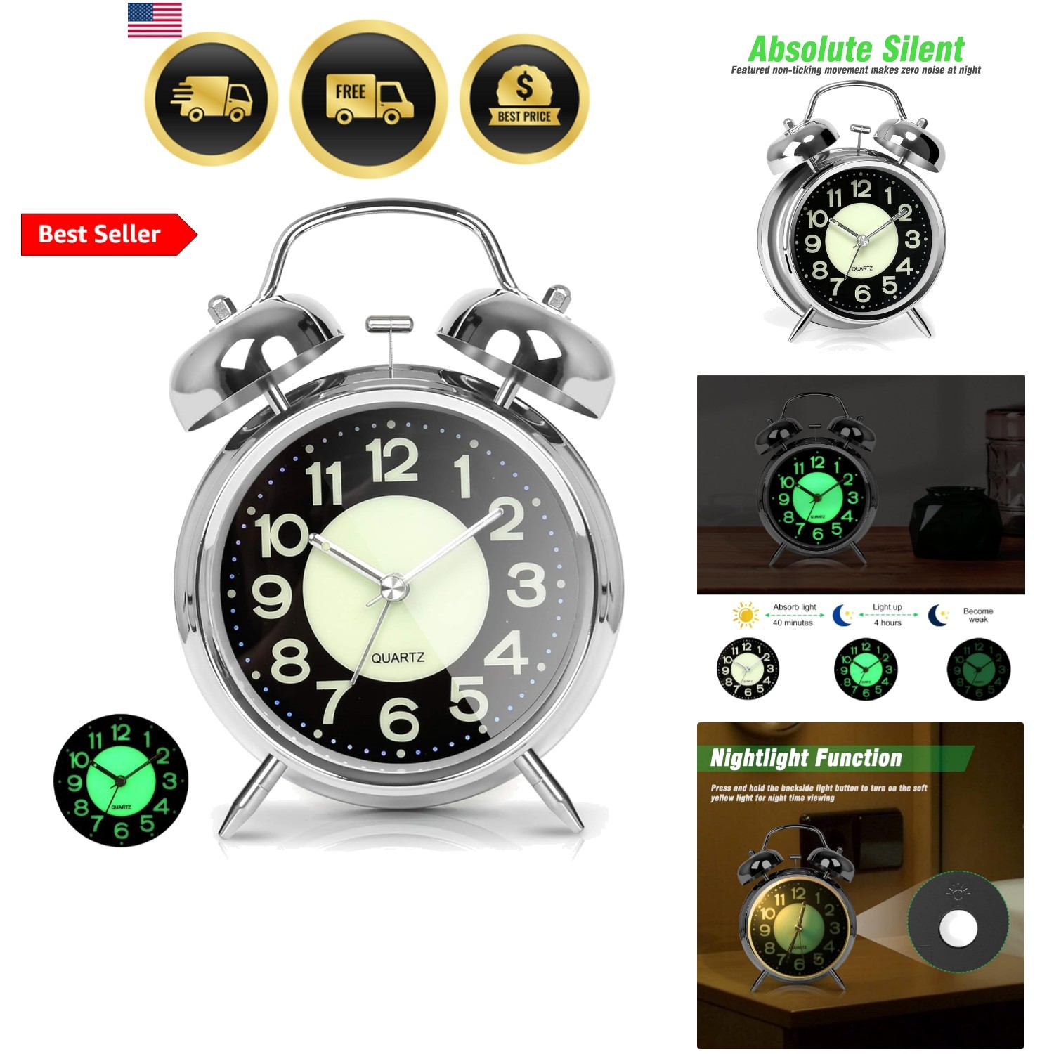 Super Loud Alarm Clock for Heavy Sleepers,Twin Bell Retro 4 Inch Silent Non-T...
