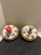 Lot Of 2 Vintage Litho Spinning Tops Bryan Ohio Art Tin Metal 5  Circus Animals