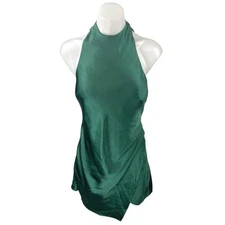 Hello Molly Green Silk Satin Sleeveless Halter Backless Mini A-Line Slip Dress 4