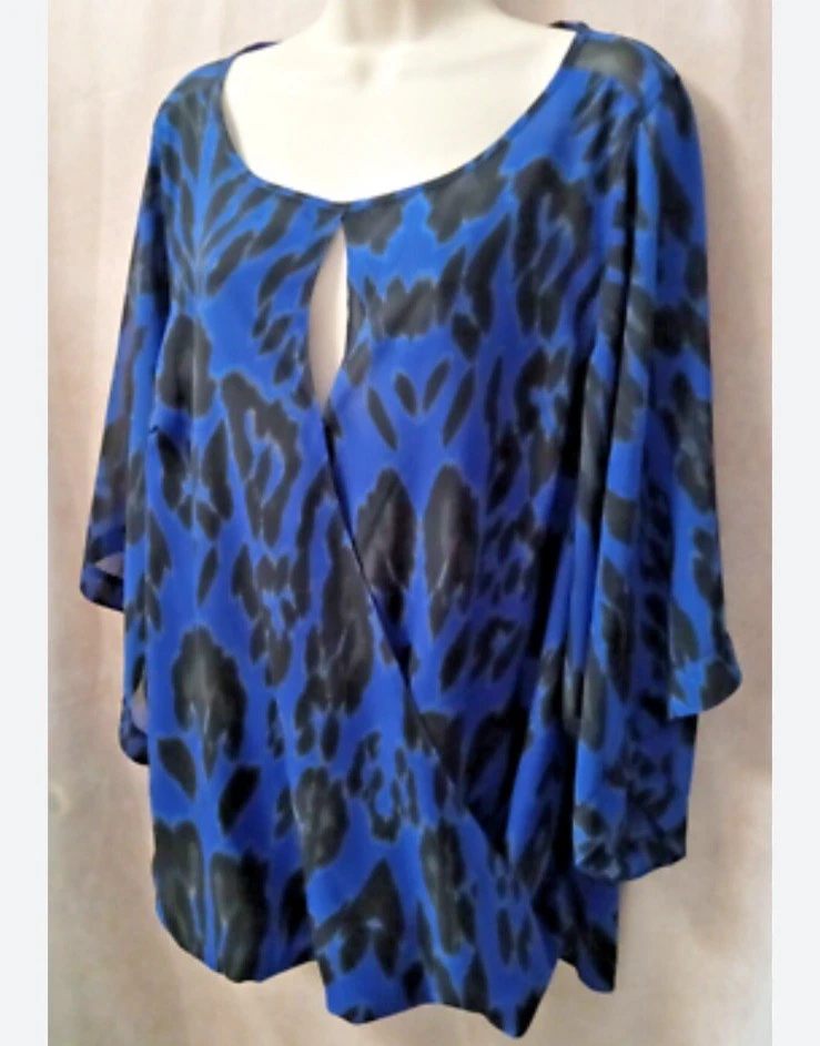 Jennifer Lopez Women’s 1X Blouse Blue Black Animal Print Sheer Batwing Top Chic - Image 2 of 4