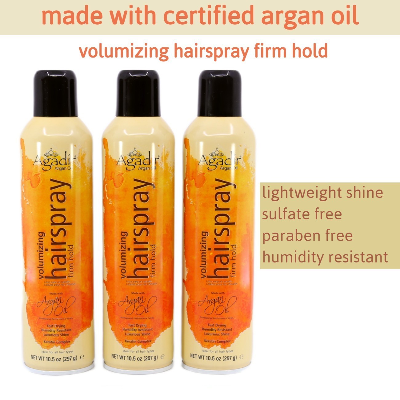 Agadir Volumizing Hairspray Firm Hold 10.5 oz( 3 pack )-Certified Argan Oil