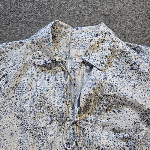 J Crew Top Womens Size XS White Blue Liberty Fabric Stars Art Tie Closure Casual - Picture 2 of 9