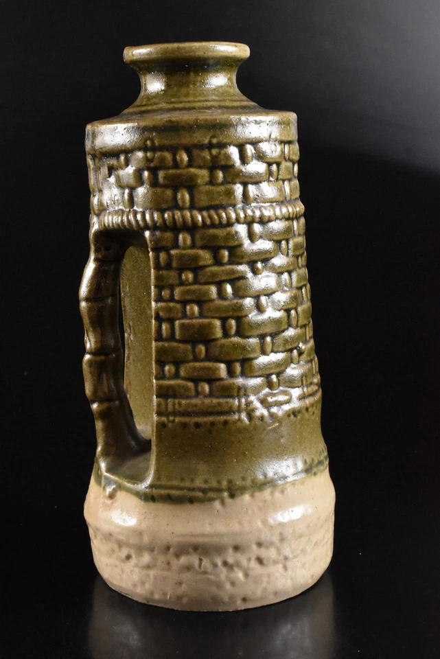 U2446: Japanese Oribe-ware Green glaze Wickerwork FLOWER VASE, auto w/signed box - Image 3 of 4