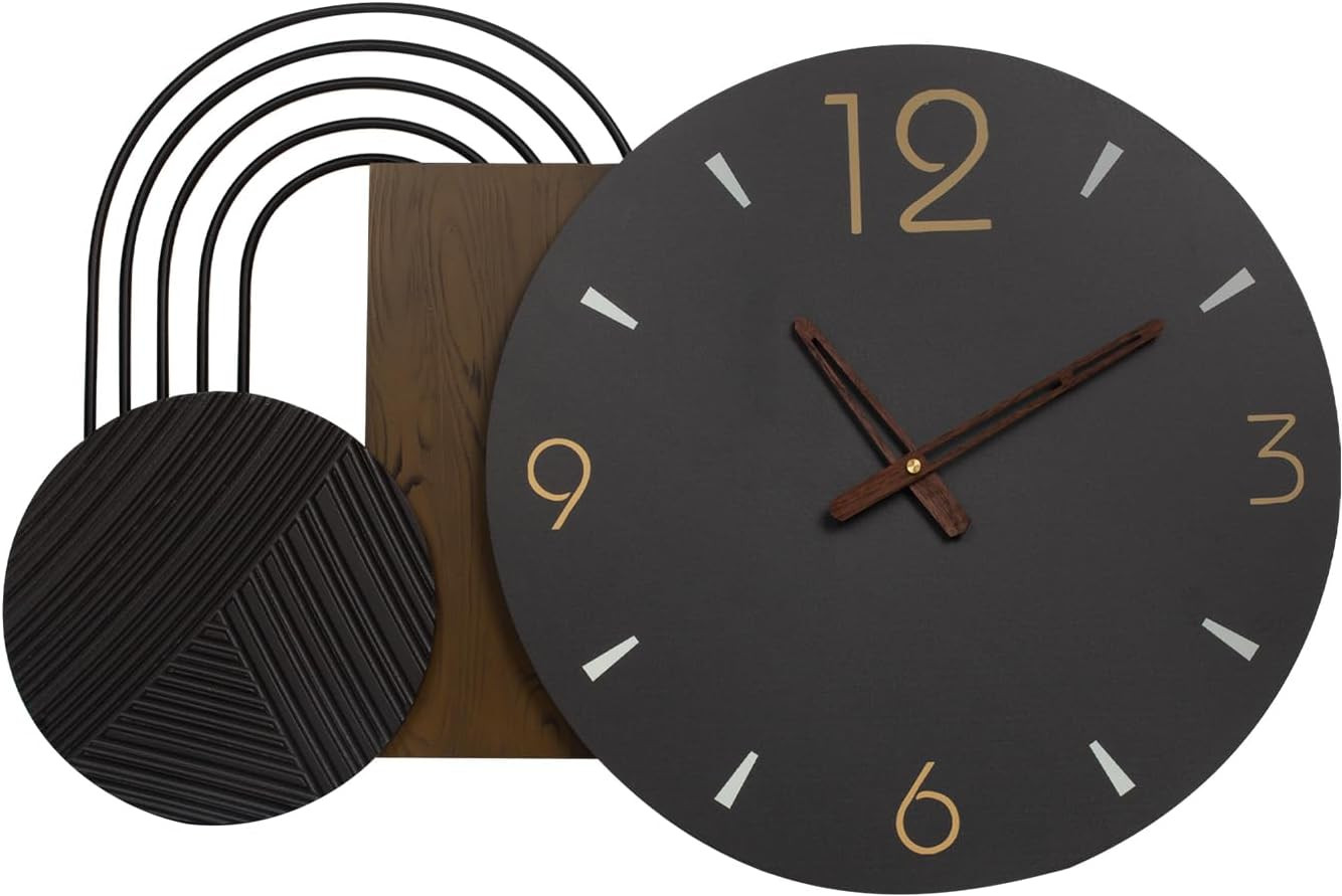 Wall Clock Modern Battery Operated Black Big Clocks Metal& Wood Retro Style