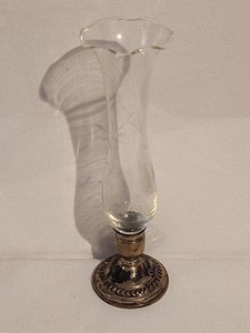 Vintage Etched Tulip Glass Sterling Silver Weighted Bud Vase 7” 