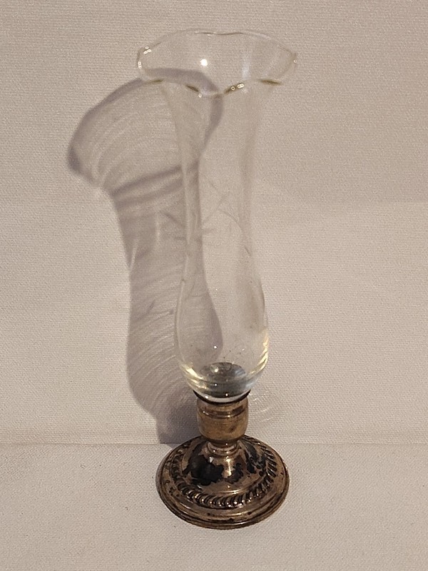 Vintage Etched Tulip Glass Sterling Silver Weighted Bud Vase 7” 