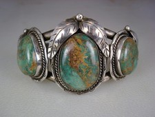 BIG OLD NAVAJO STERLING SILVER & 3 HACHITA TURQUOISE BRACELET signed