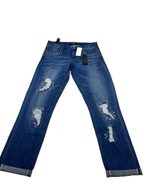 bebe boyfriend distressed jeans with rhinestones brand new size 26 (0205)