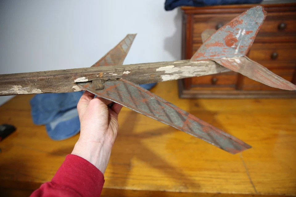 VTG Model Airplane wood Rustic Weathervane Whirligig antique galvanized metal - Image 3 of 4