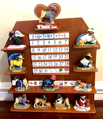 Rare Danbury Mint Pug Dog Perpetual Calendar - Complete in