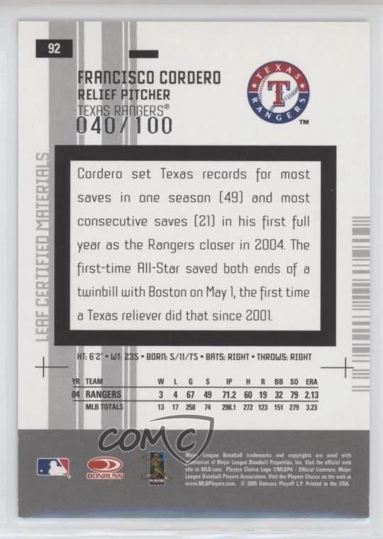 2005 Leaf Certified Materials Mirror Red /100 Francisco Cordero #92 - Image 2 of 2