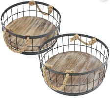 Set Of 2 Stonebriar Round Metal Baskets With Wooden Bases Rope Handles 12"-14"