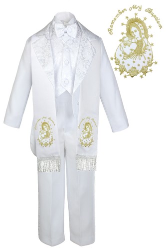 6pc Baptism White Tuxedo English Spanish Silver Gold Pope Virgin Mary Stole - Picture 2 of 7