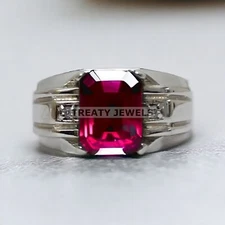 Ruby Emerald Cut Gemstone With 925 Sterling Silver Ring For Men's #998 *
