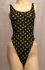 Black Yellow flower Spandex Thong Leotard for Women size 8 Small