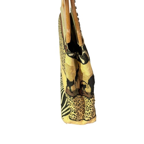 Vintage Tapestry Jacquard Bag Safari Theme Wild Animals Wood Handles Studded - Picture 6 of 12