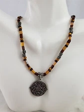 Vintage Sterling Silver Yellow and Brown Beaded Flower Necklace 15"