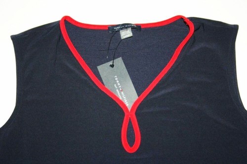 Tommy Hilfiger Women's Tank Top Blouse Navy Blue & Red Trim Size S Keyhole New - Imagen 3 de 7