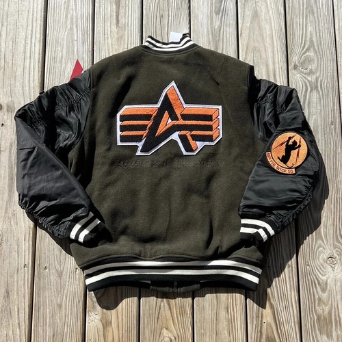 Men’s Alpha Industries MA-1 Wool Varsity Bomber Jacket Army Green $275 - Picture 2 of 12