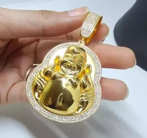 Authentic 2.20Ct Round Cut Moissanite Laughing Buddha Men's Pendant 14K Yellow Gold Plated
