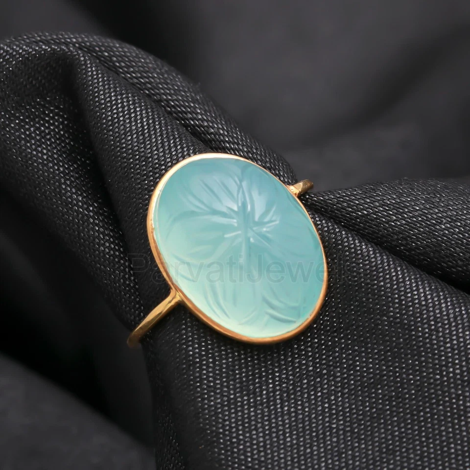 Anillo de mujer de oro macizo de 18 quilates con piedras preciosas talladas de calcedonia aguamarina natural Foto 4 de 4