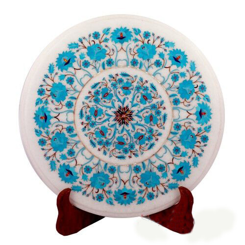 15-inch marble corner table with semi-precious stone inlay for home decor