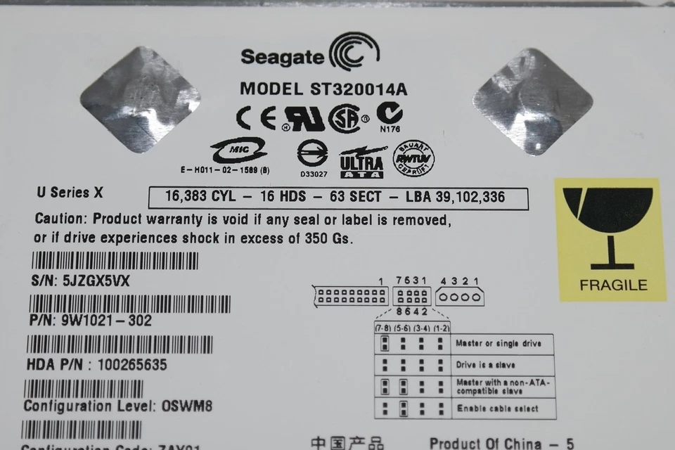 SEAGATE ST320014A HDD 20GB 9W1021-302 100265635 FW 3.07 HARD DRIVE SLIM 3.5 - Image 2 of 4