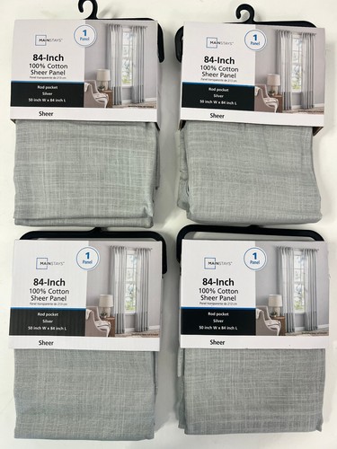 LOT OF 4 Mainstays 84"x 50" Sheer Soft Silver 100% Cotton Curtain Panels - Picture 1 of 4