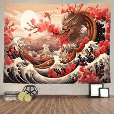 Japanese Dragon Tapestry Cherry Blossom Wave Wall Hanging Art Fabric Background