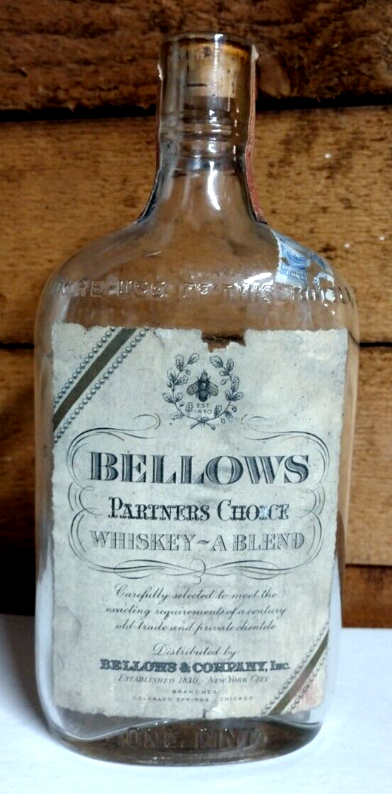 Bellows Partners Choice Whiskey Pint Bottle NYC West Virginia tax stamp