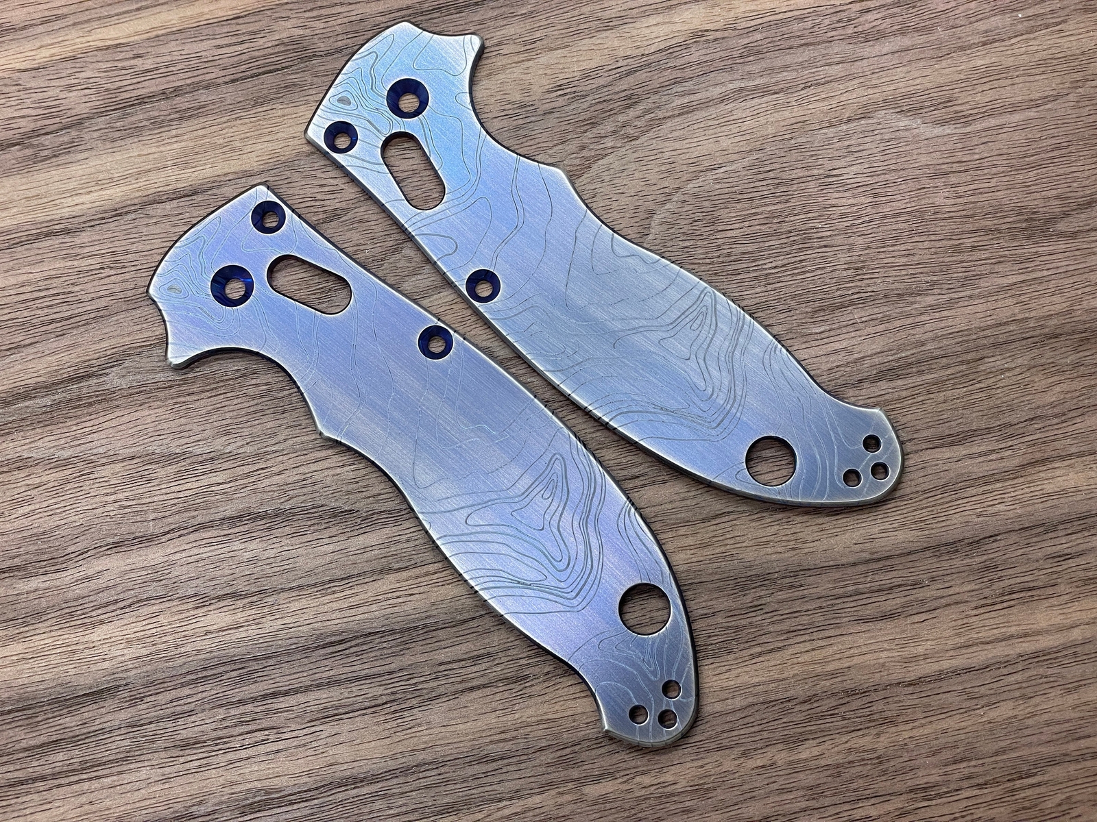 TOPO engraved Blue Ano Brushed Titanium scales for Spyderco MANIX 2