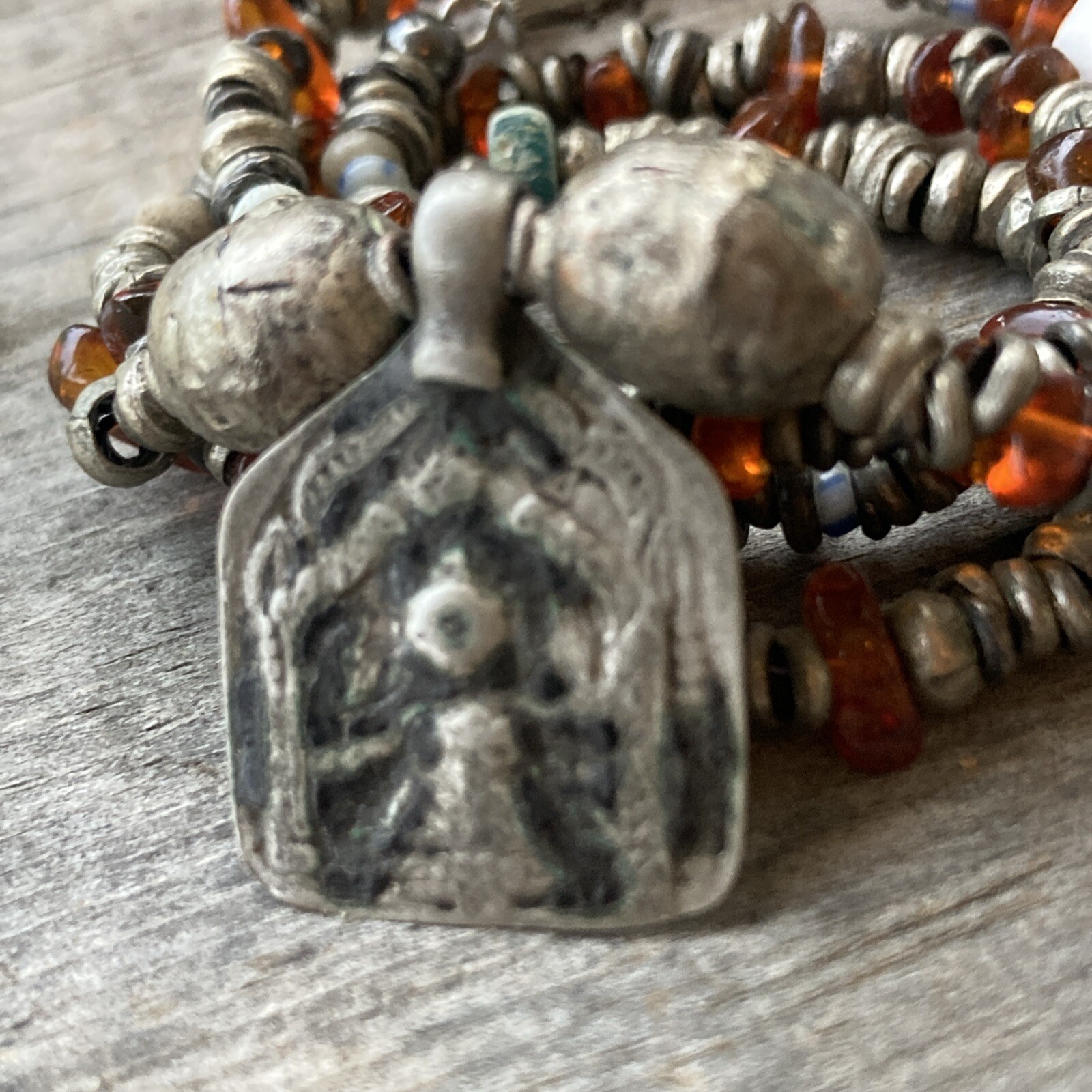 Hindu Deity Goddess ShaktiSilver Pendant On 20”Necklace; Heishi And Glass Beads