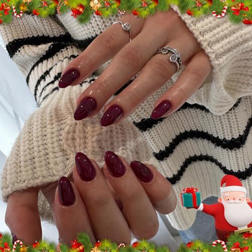 Wine Red Press On Nails Short Oval, Thick Acrylic Nails Press