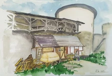 Original watercolor painting landscape fortress cityscape old town tower art A4