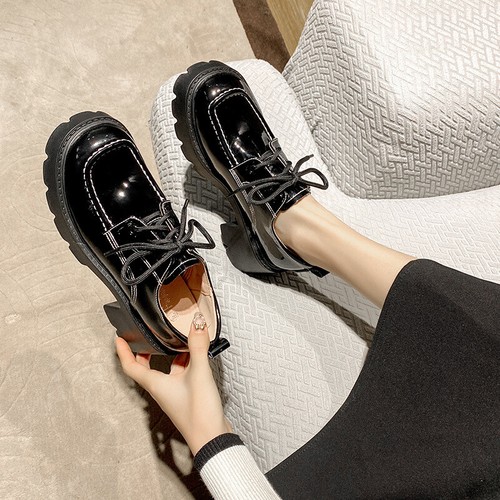 Woman British Block Heels Patent Leather Platform Lace Up Casual Creeper College - Picture 3 of 14