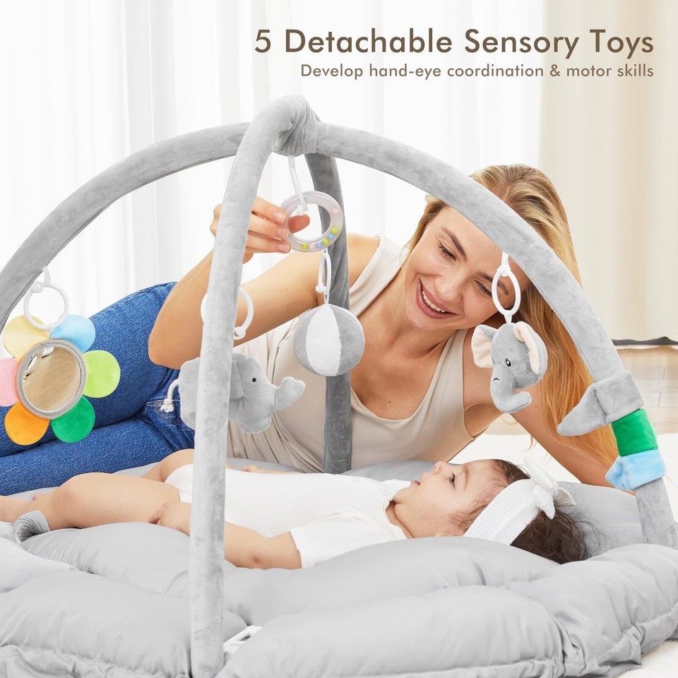 5 in 1 Baby Play Gym Mat, Reversible Tummy Time Mat with 5 Sensory Toys