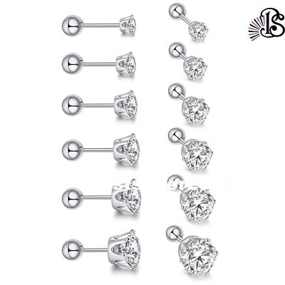 6 Pairs Stainless Steel Round Cubic Zirconia Stud Earrings Set for Men Women