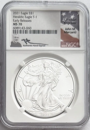 2021 SILVER EAGLE HERALDIC EAGLE TYPE 1 EARLY RELEASES NGC MS70 JOHN MERCANTI