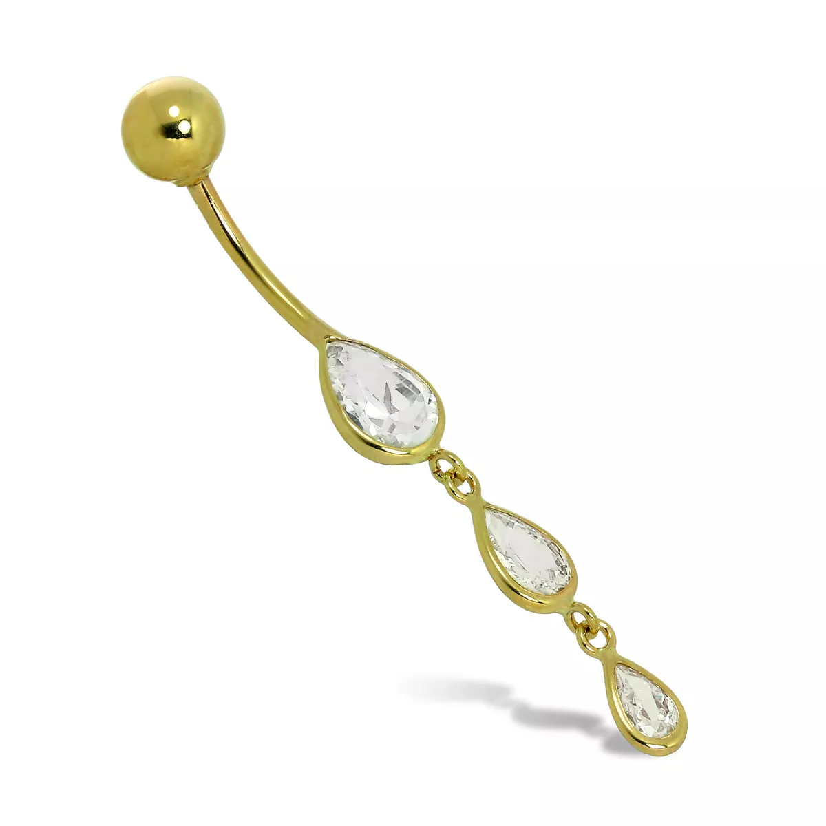 9ct Gold Triple Teardrop CZ Crystal Ball End Belly Bar Piercing 17Ga Tummy