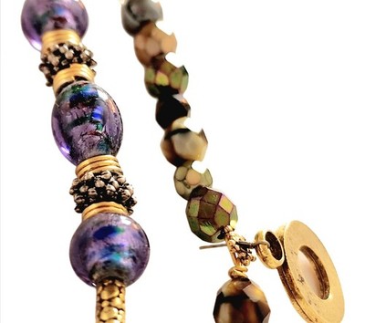 Women's Set Of 2 Multi Crystal Purple Gold Bead Toggle Bracelets Summer Stack