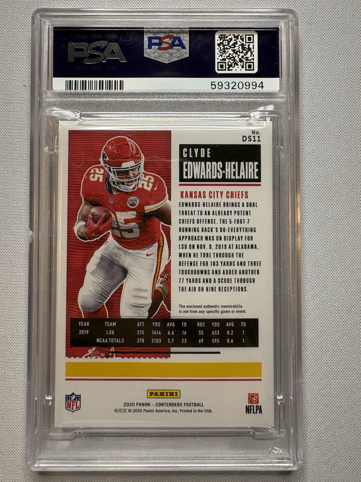 2020 Clyde Edwards-Helaire Rookie Ticket Dual Swatches #DS11 (MEM,RC) PSA 10 view 3