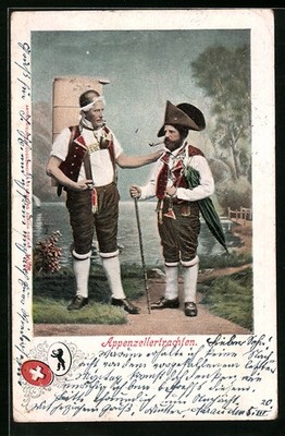 Ansichtskarte Zwei Männer in Appenzeller Trachten vor einem See, Wappen 1920 
