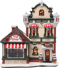 Ceramic Christmas Village House, 8.26 Inch LED Warm Lights Animated Toy Shop, Li