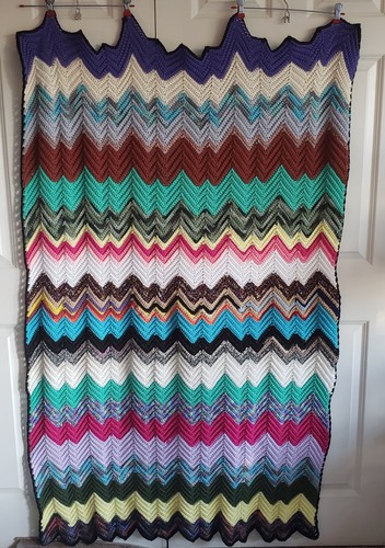 Vintage 70's Handmade Mod Bold Colors ZigZag Chevron Crocheted Afghan 64x40" 
