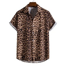 Image of Men Leopard Print Shirt Casual Short Sleeve Button Down Summer Beach Top
