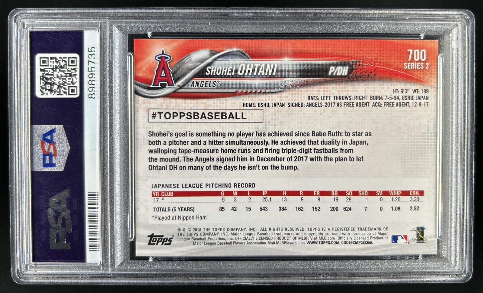 2018 Topps Shohei Ohtani All Star Game Rookie RC #700 Angels PSA 10 GEM MINT view 2