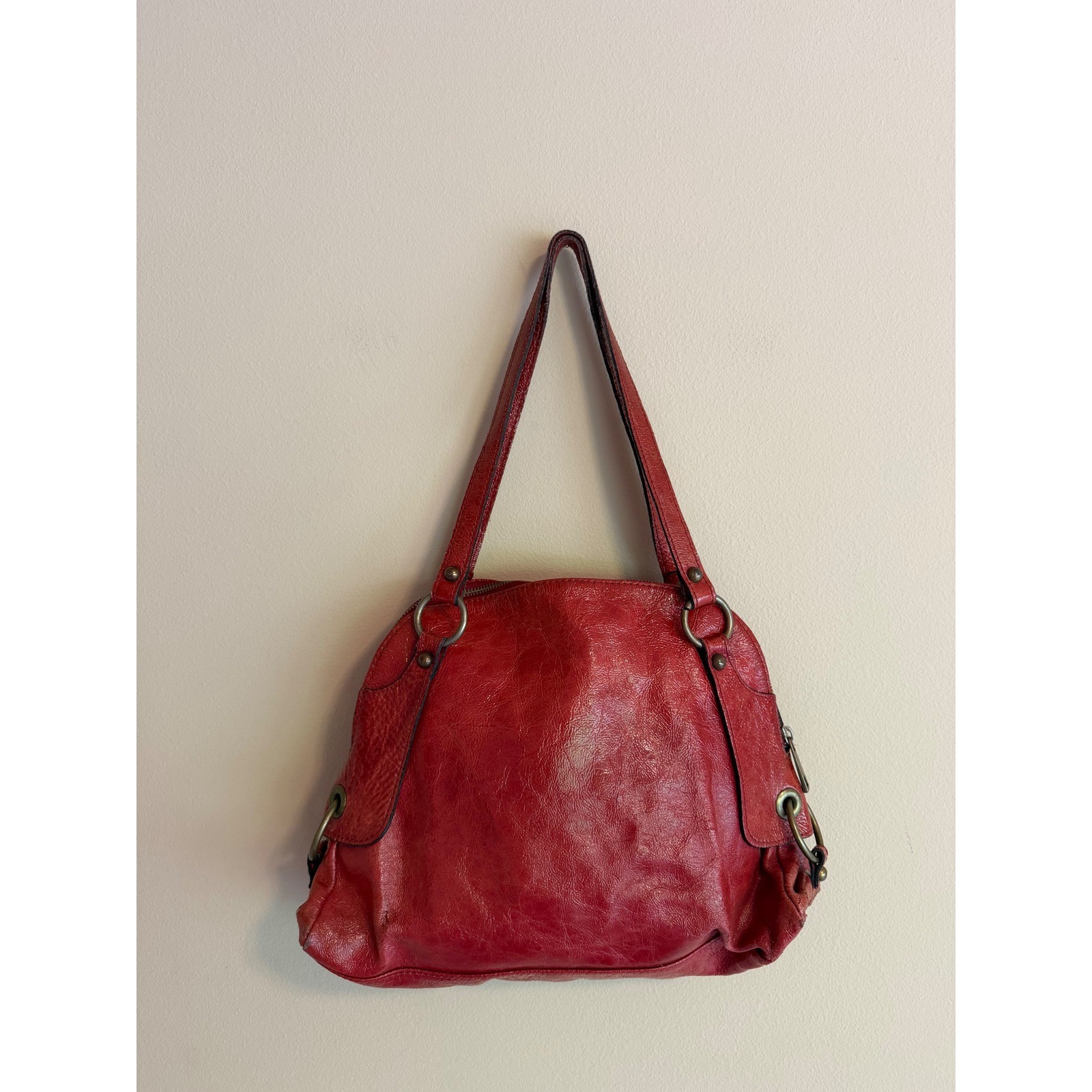 Vintage Red Leather Shoulder Bag Brass Hardware Hobo Tote