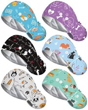 6 Pcs Satin Lined Scrub Caps Women Nurse Surgical Hat with Buttons Ponytail W...